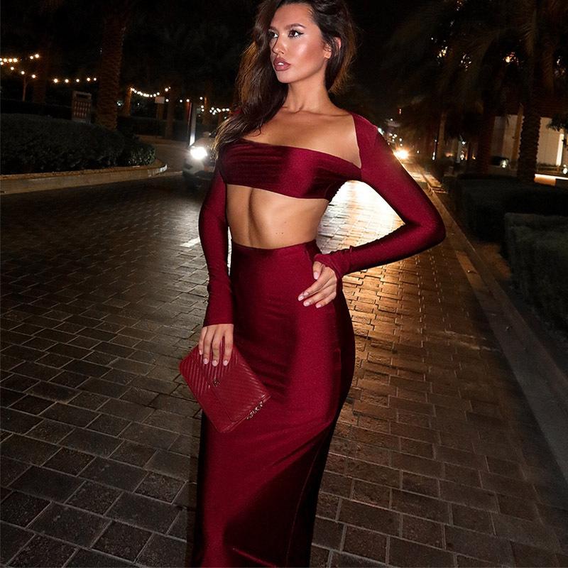European and American long sleeved long skirt set, strapless short top, high waist, hip hugging skirt, sexy and spicy two-piece set Color